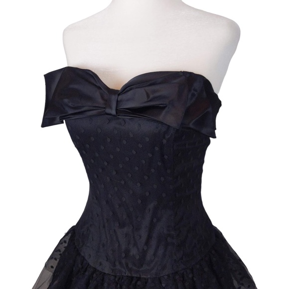 Vtg 80s Black Polka Dot Tulle Strapless Ruffle Tiered Mini Party Prom Dress - Picture 4 of 9